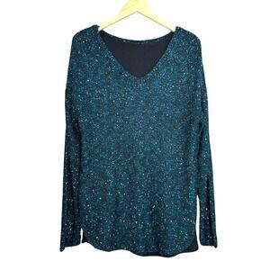 APTO XL Teal Black Sequin Knit Sheer Hem Long Sleeve V Neck Top